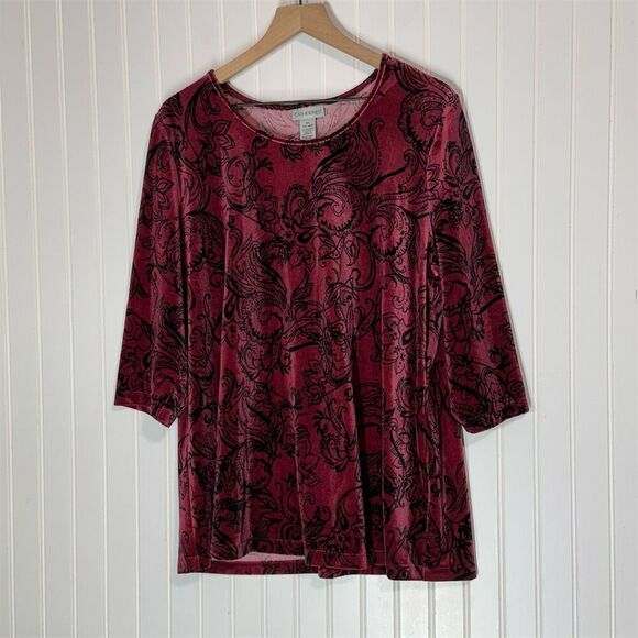 Catherines 0X Burnout Velvet Tunic Top Red Black Paisley Stretch 14/16 Witchy - Picture 1 of 8